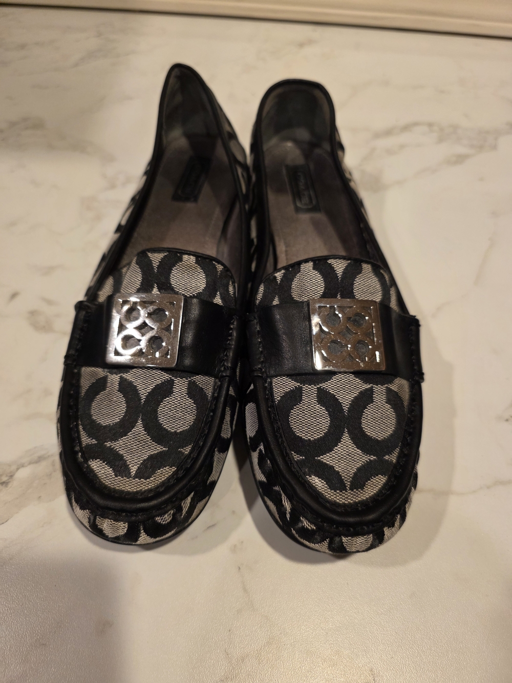 Coach Black & Cream Signature Jacquard Loafers with Silver Accent